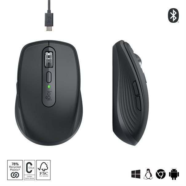 Logitech Mouse MX Anywhere 3S WL BOLT graphite BT  6 Tasten, 500 mAh Lithium-Polymer-Akku