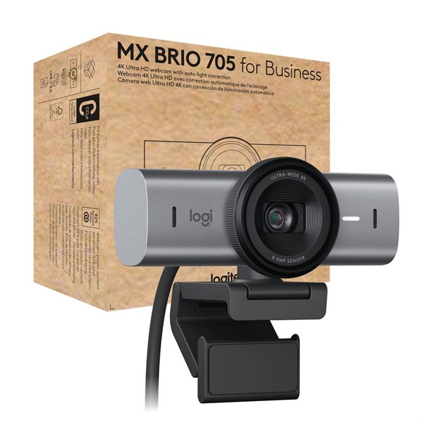 Logitech Webcam MX BRIO 705 for Business 4K silver/black AI image enhancement, RightSight, RightLight