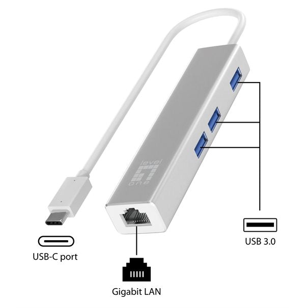 LevelOne Adapter USB-C -> GBit-LAN + USB3.0-Hub